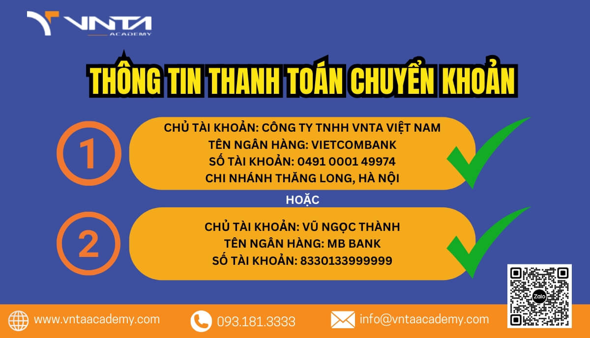 Thông tin ngân hàng chuyển khoản duy nhất tại học viện VNTA Academy